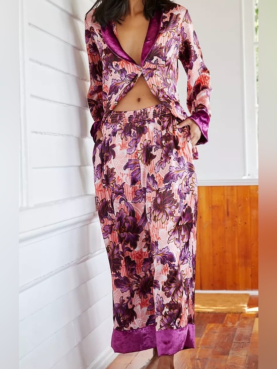 Anthropologie Other - Anthropologie Luxe Pajama Set Floral Satin & Velvet Sleep Set